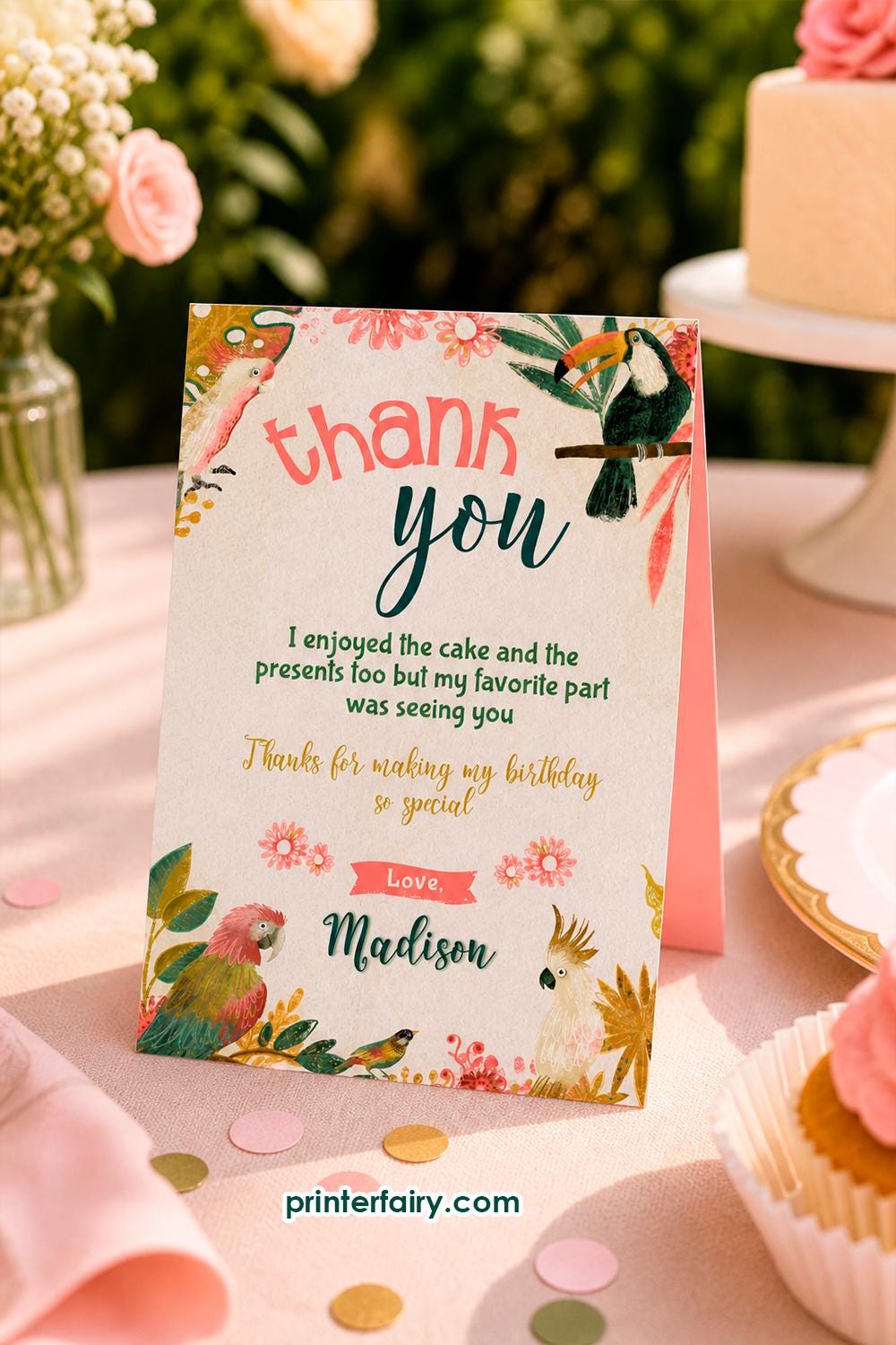 Tropical Birds Birthday Thank You Card, Editable Template (Instant Download)