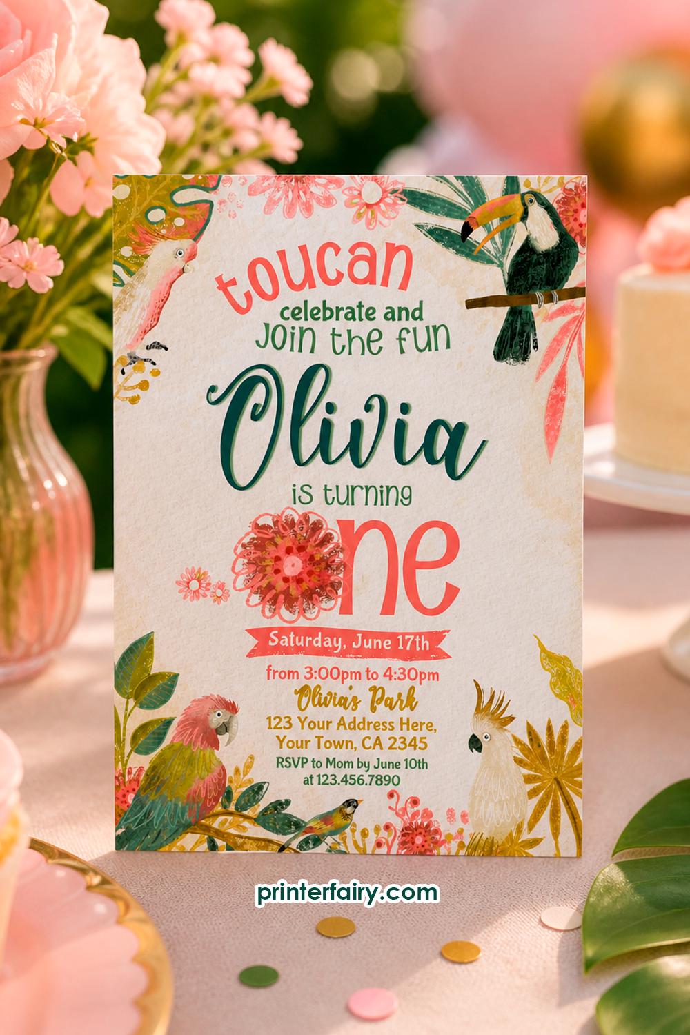 Tropical Birds Birthday Invitation, First Birthday Luau, Editable (Digital Download)