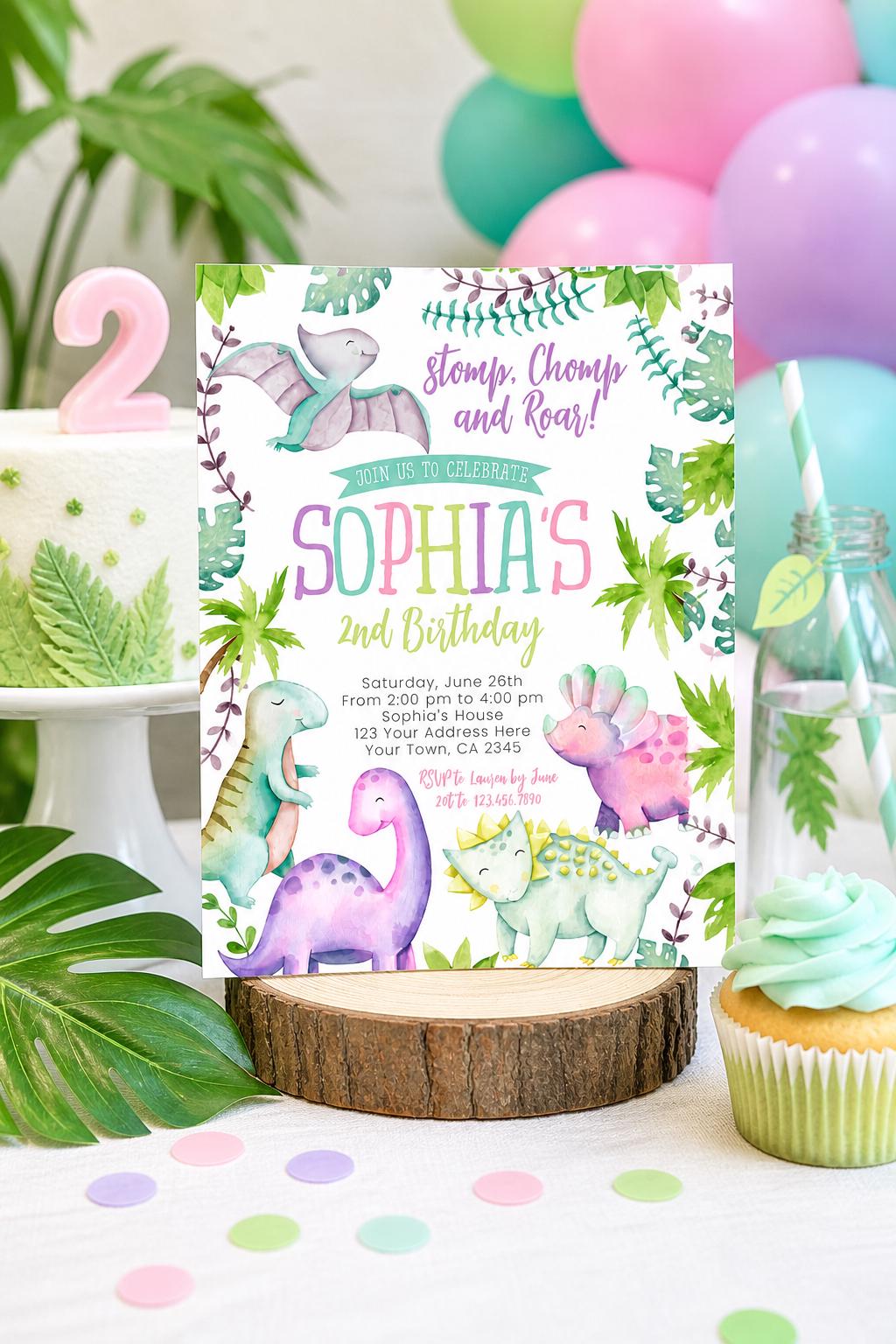 Editable Dinosaur Girl Birthday Invitation (Instant Download)