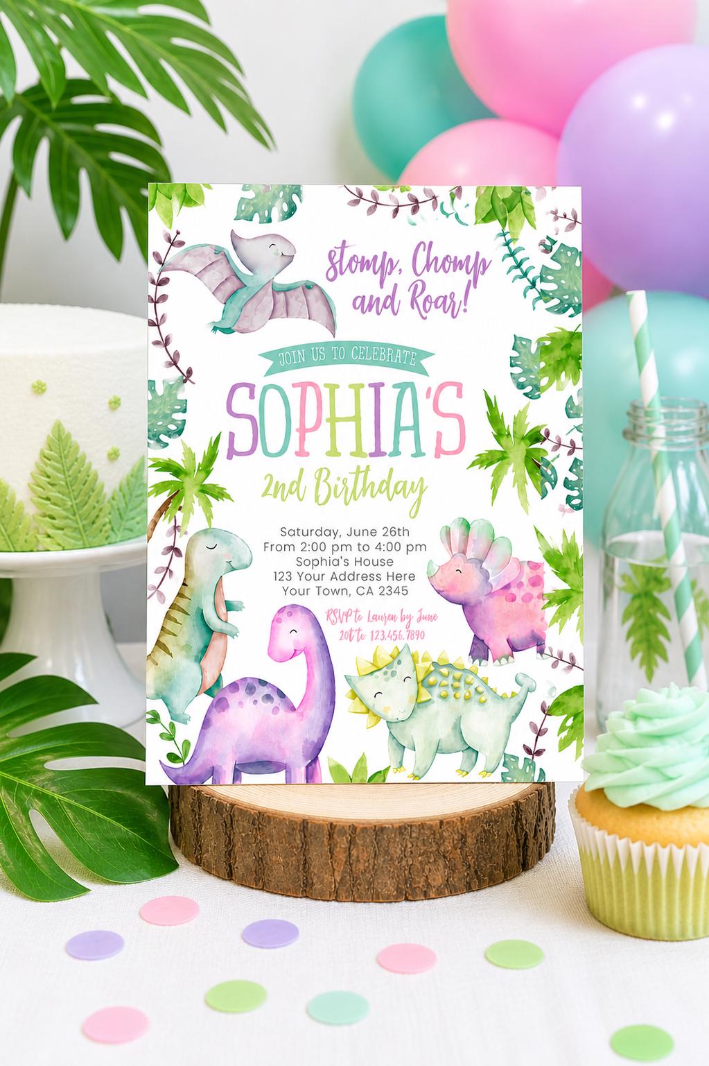 Editable Dinosaur Girl Birthday Invitation (Instant Download)