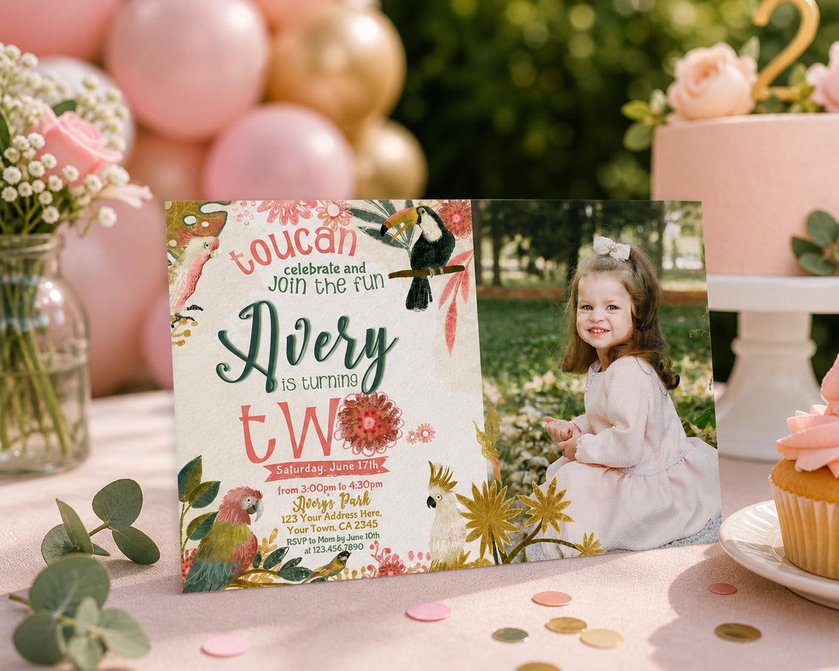 Tropical Birds Birthday Invitation, Luau Party, Photo, Editable (Digital Download)
