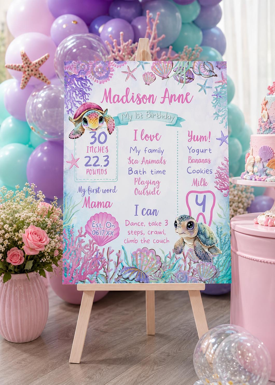 Sea Turtle Birthday Milestones Board, Editable Template (Instant Download)