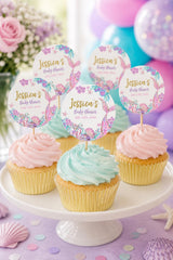 Mermaid Baby Shower Toppers, Editable Template Round Labels (Digital Instant Download Item)