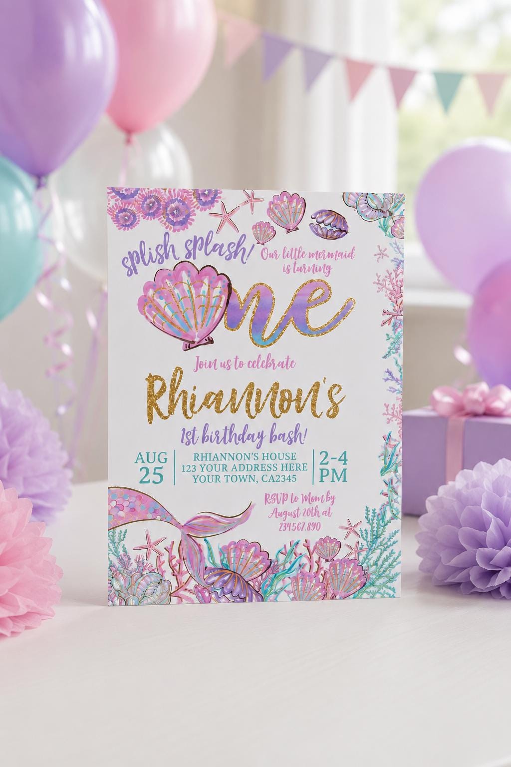 Mermaid 1st Birthday Invitation, Under the Sea Party (Digital Invitation)