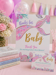 Mermaid Baby Shower Books for Baby Sign & Card (Editable Digital Download)