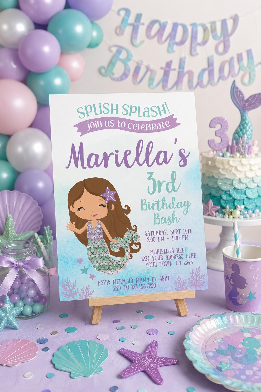 Purple and Teal Mermaid Birthday Invitation, EDIT YOURSELF (Digital Invitation)