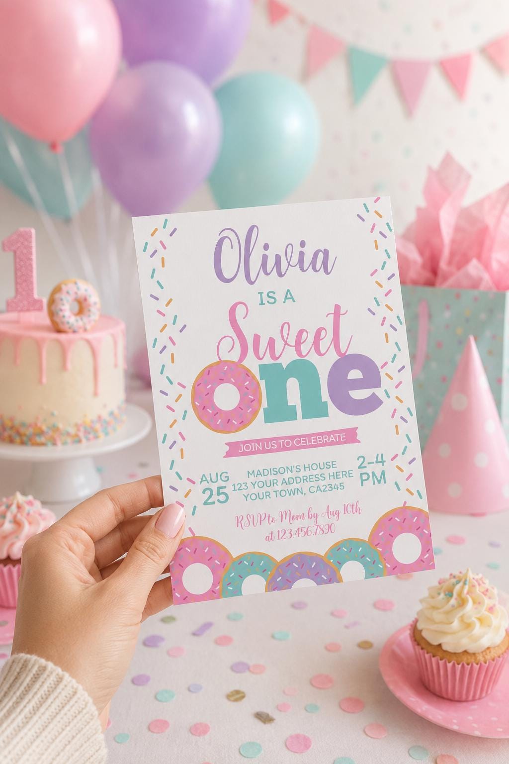 Sweet One Donut Birthday Invitation, Editable First Party Invite (Digital Download)