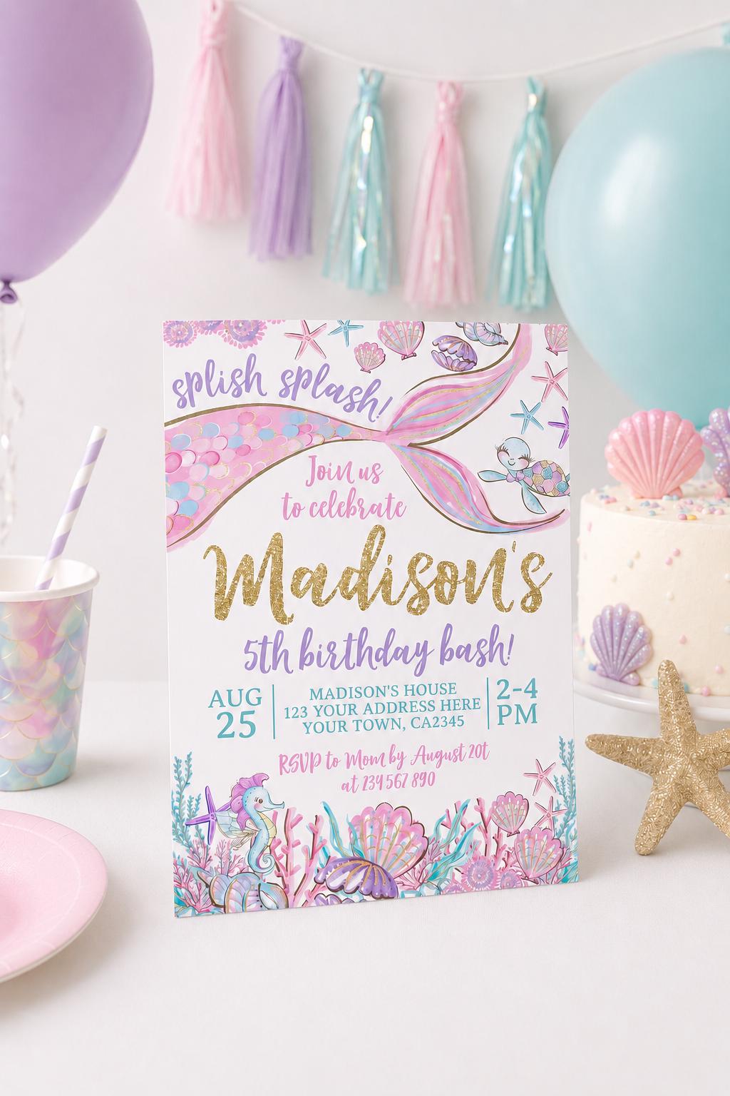Mermaid Birthday Invitation Editable Template, Under the Sea Party (Digital Instant Download)