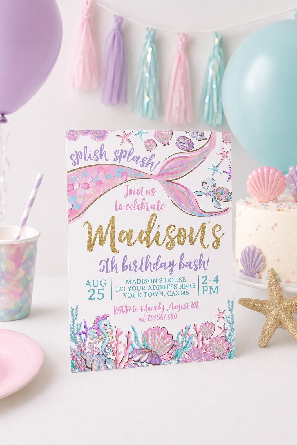 Mermaid Birthday Invitation Editable Template, Under the Sea Party (Digital Instant Download)