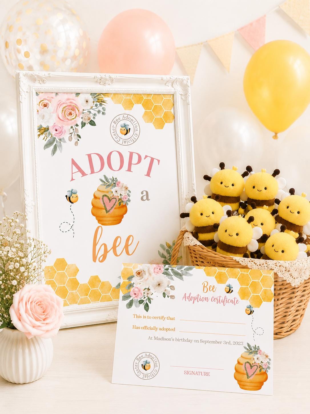 Adopt a Bee Sign and Certificate, Pet Adoption Party Printables (Digital Download)
