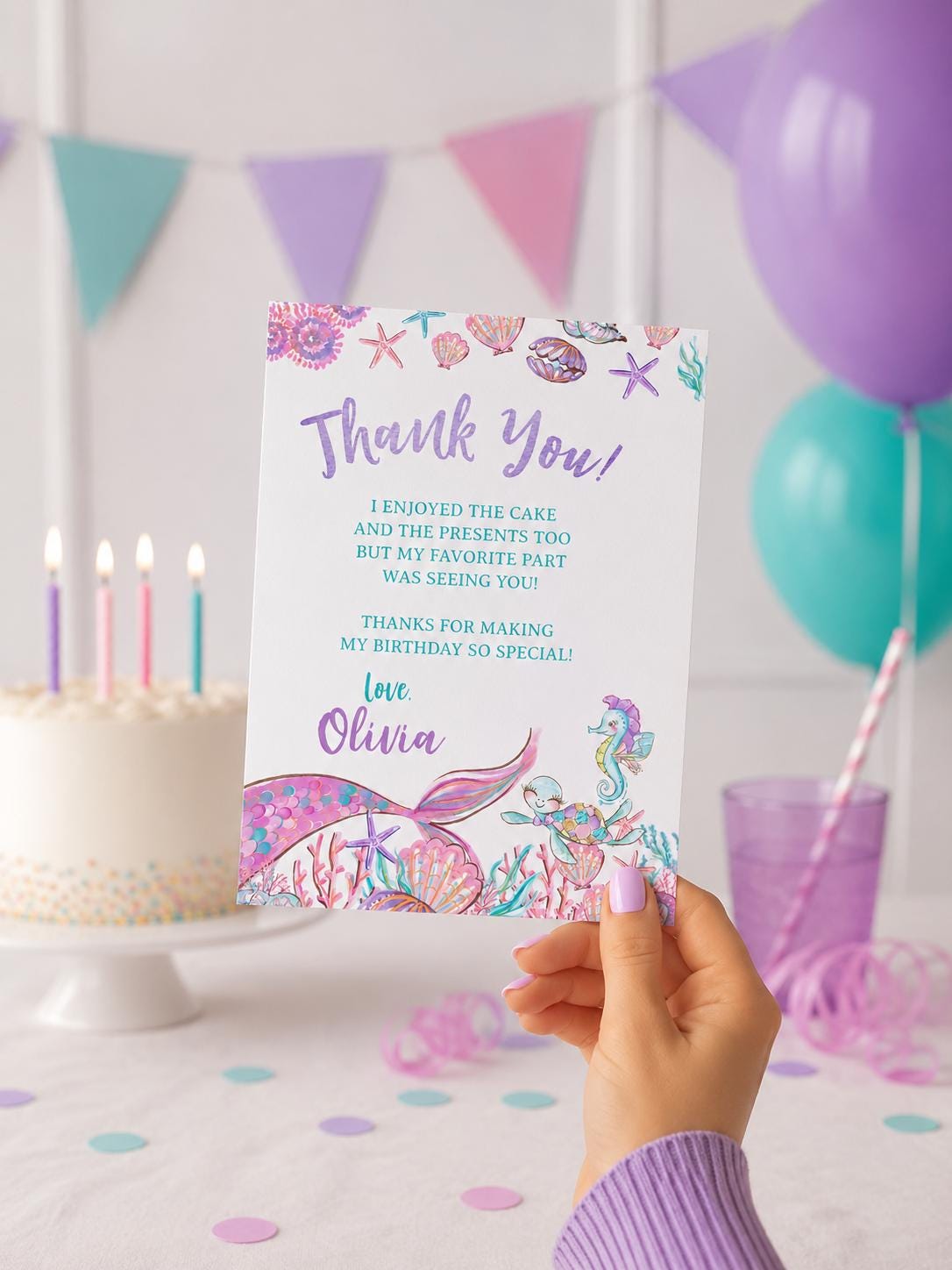 Editable Mermaid Thank You Cards, Under the Sea Party (Digital Download)