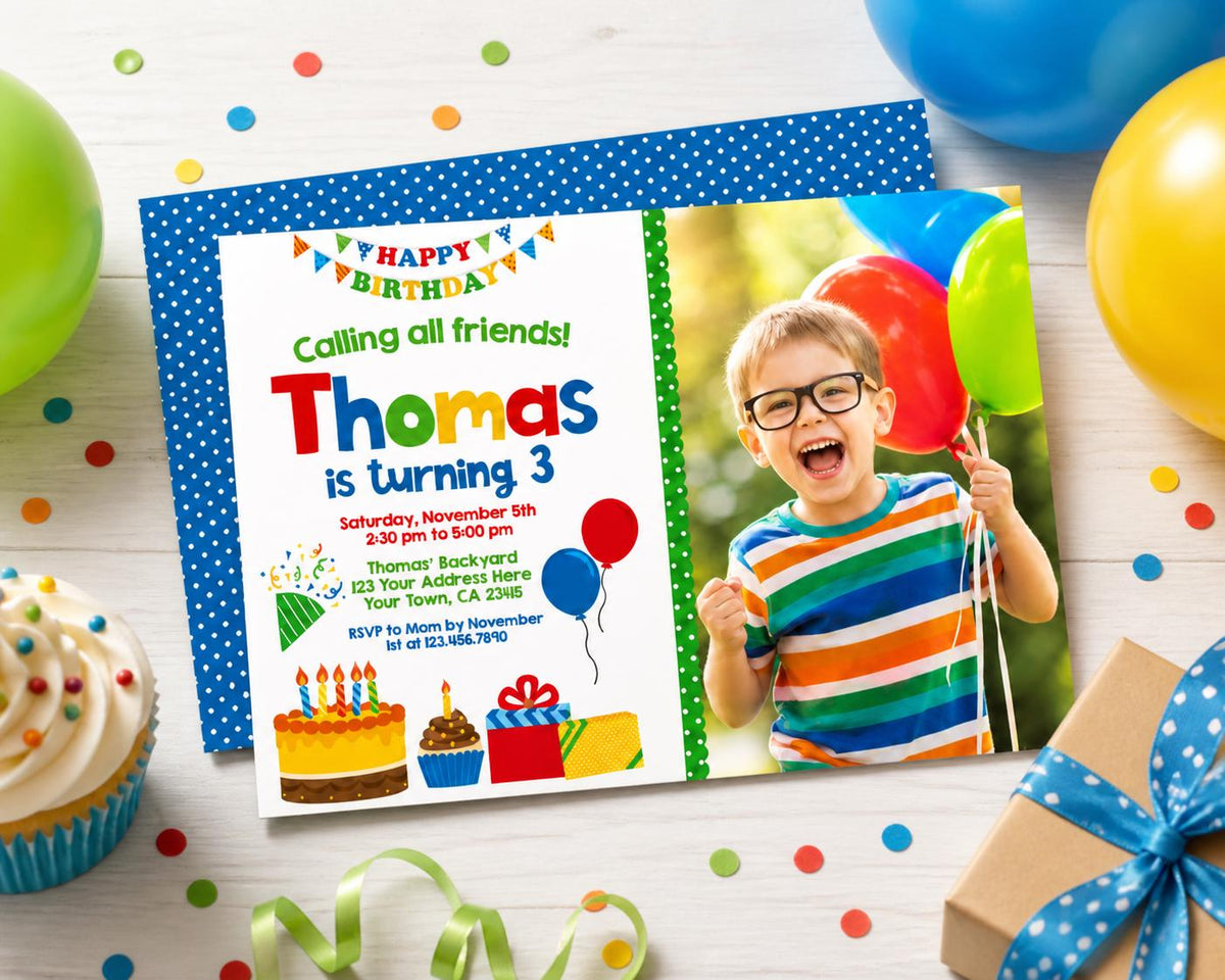 Simple Birthday Party Invitation Editable Template with Photo, Instant Download