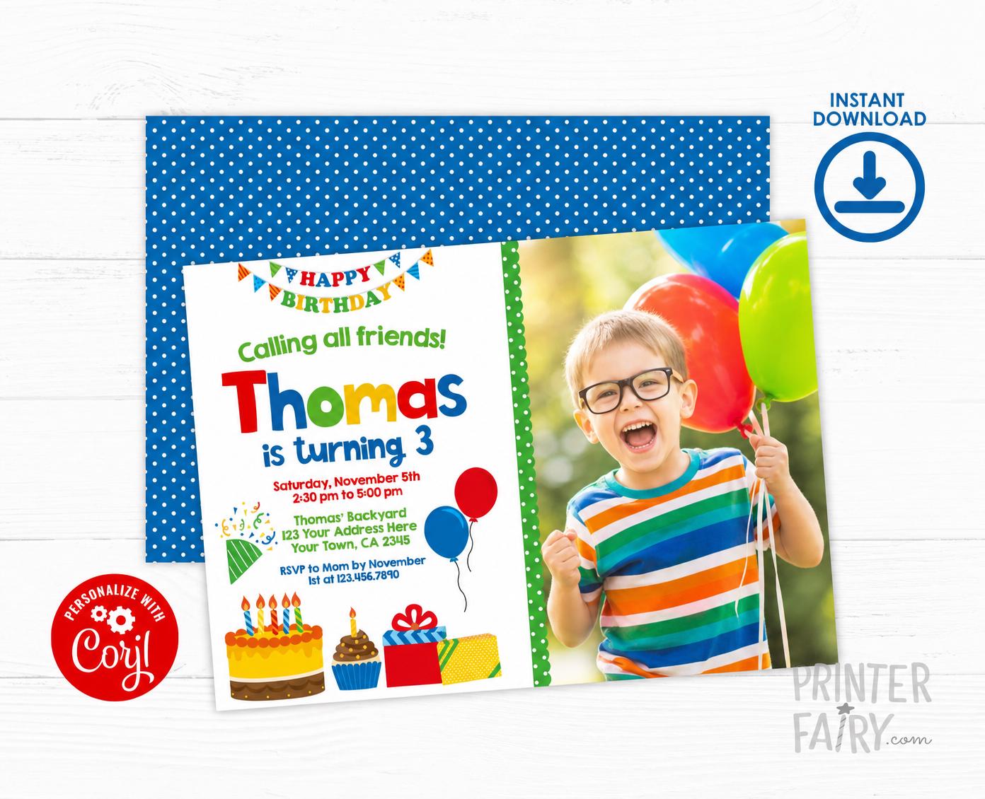 Simple Birthday Party Invitation Editable Template with Photo, Instant Download