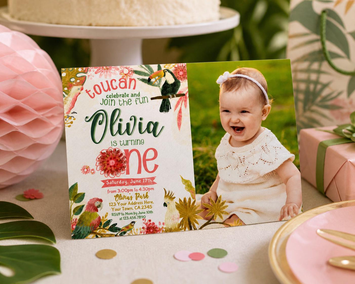 Tropical Toucan First Birthday Invitation, Photo, EDITABLE (Digital Item)