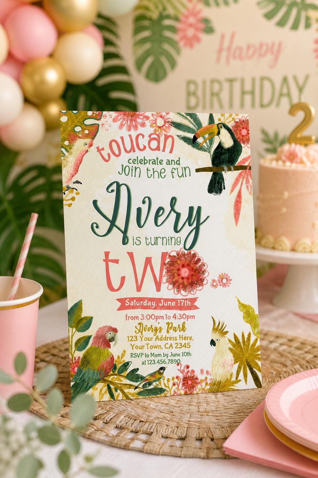 Tropical Birds Birthday Invitation, Luau Party, EDITABLE (Digital)