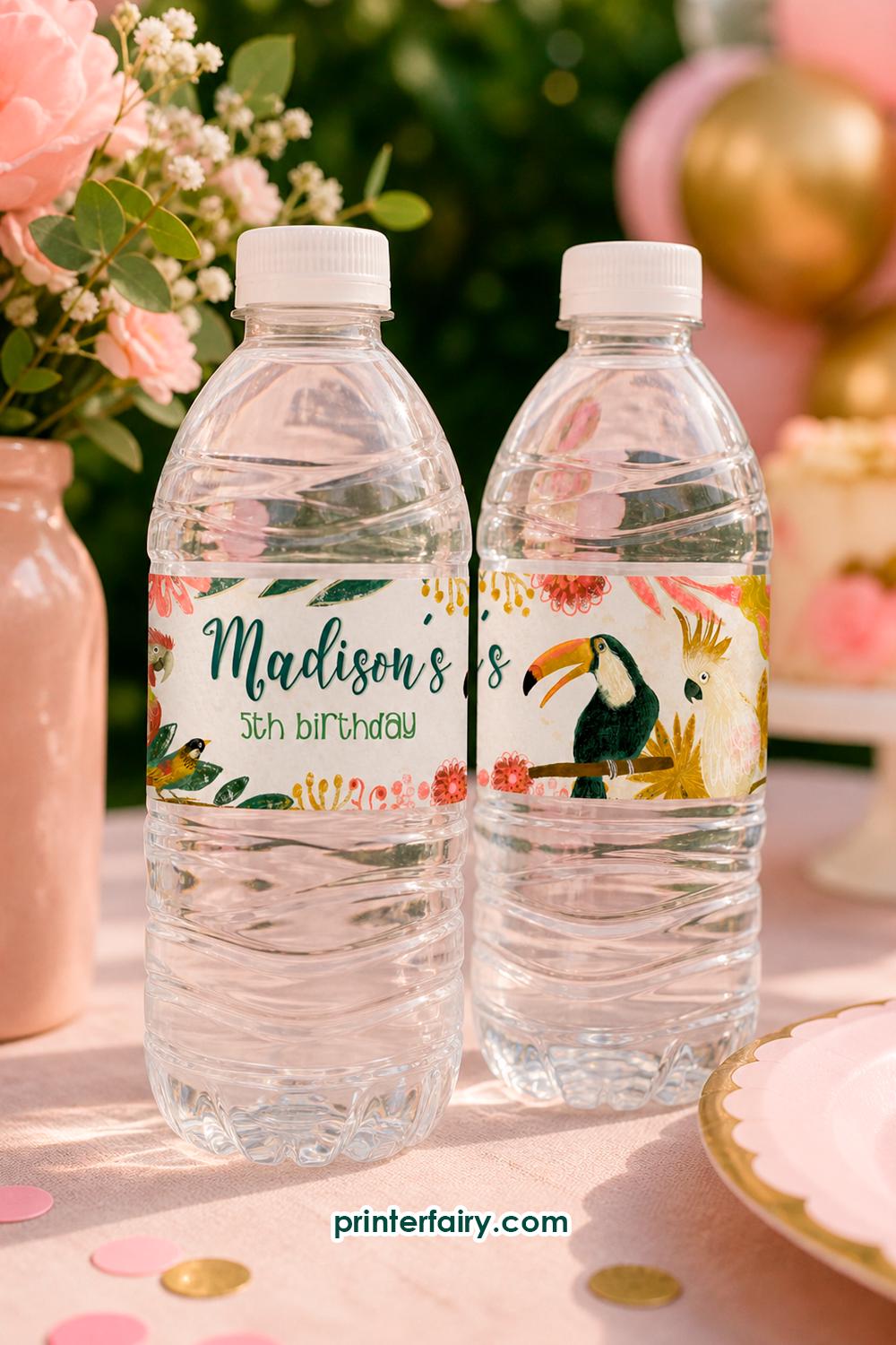 Tropical Birds Birthday Water Bottle Label, Editable (Instant Download)