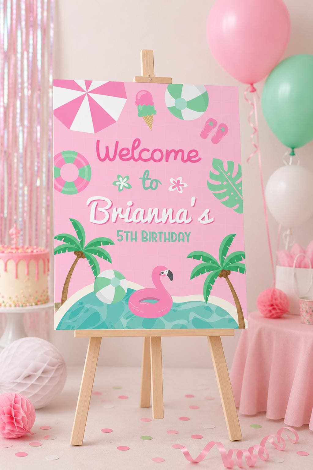Pink Pool Party Welcome Sign, Girl Birthday (Editable Digital Download)