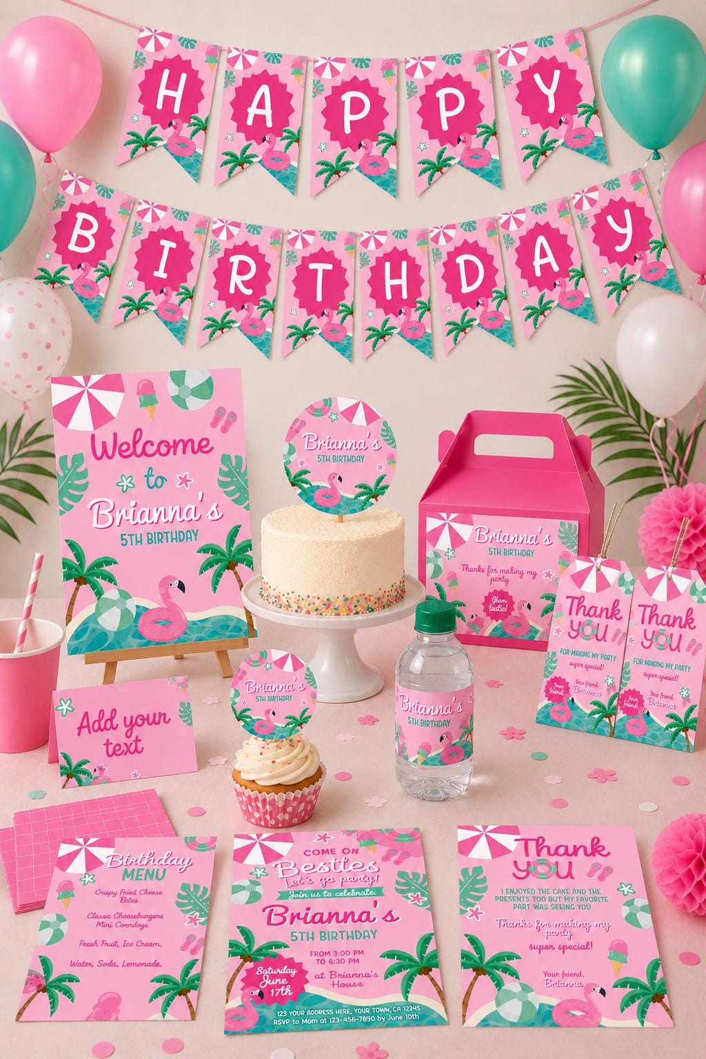 Pool Party Birthday Invitation Bundle, Flamingo Printables (Digital Download)