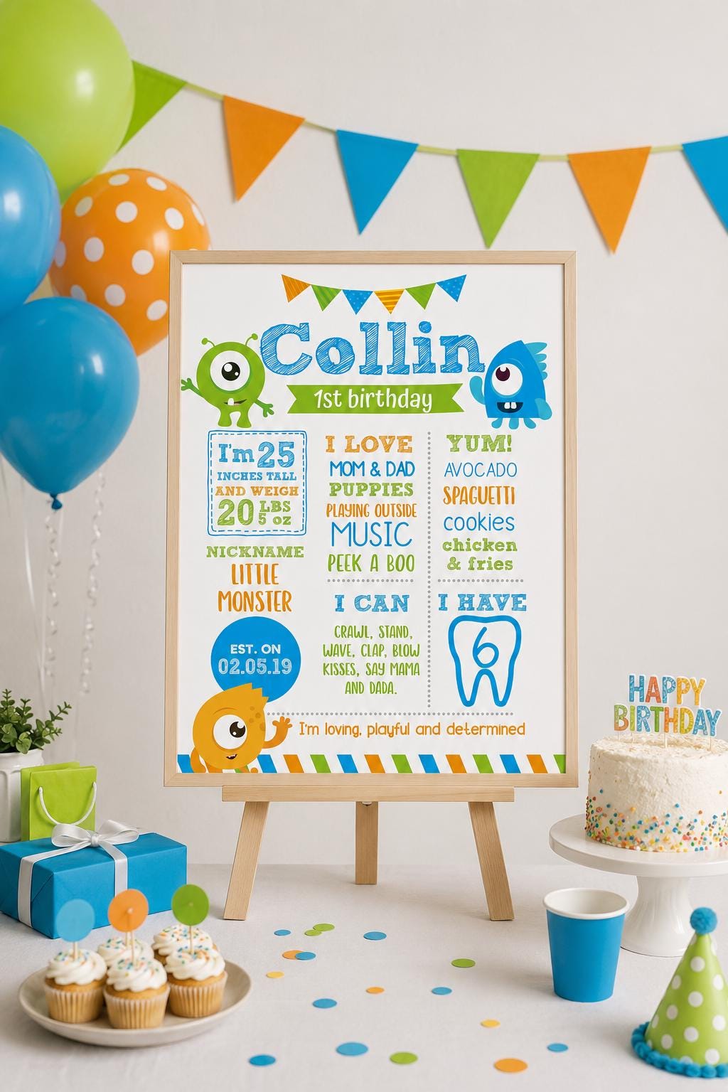 Little Monster 1st Birthday Milestone Board Editable Template (Instant Download)