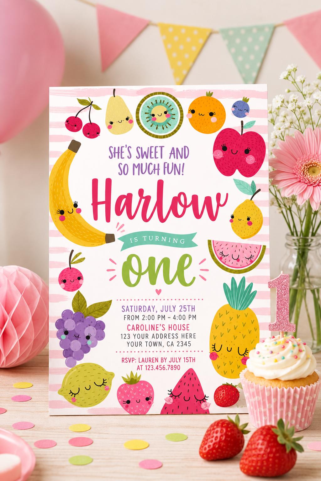 Tutti Frutti 1st Birthday Invitation Editable Template, Summer Party (Instant Download)