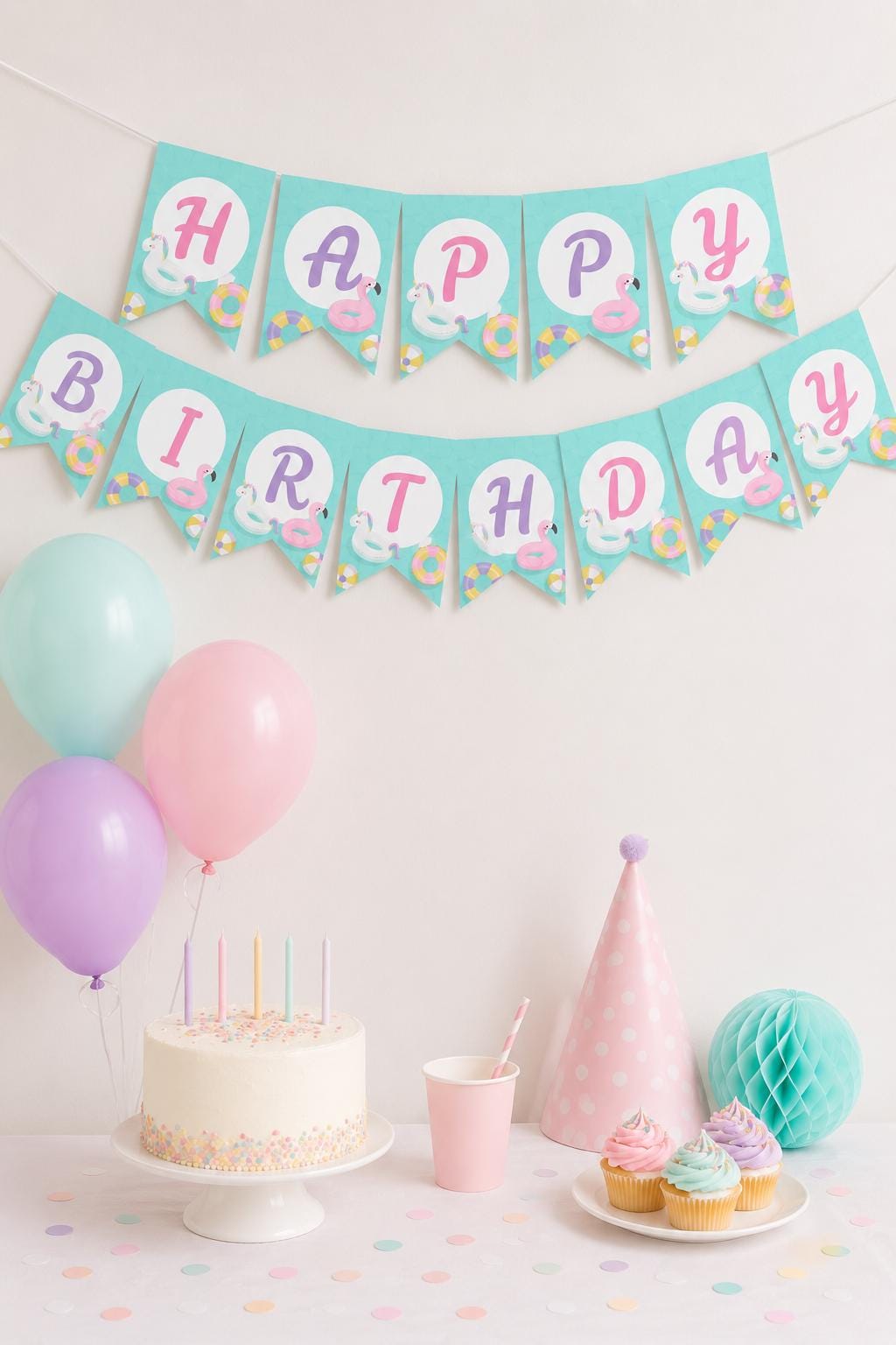 Pool Birthday Party Banner, Editable Flamingo Unicorn Theme (Digital Item)