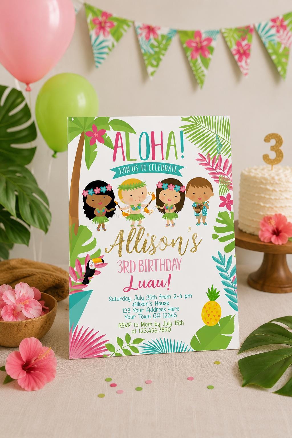 Editable Luau Birthday Invitation, Tropical Party (Instant Download)