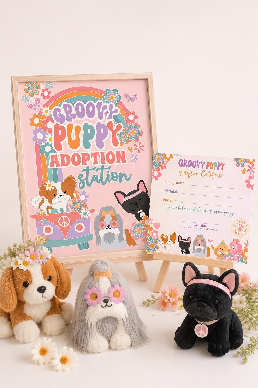 Groovy Puppy Adoption Station Sign and Certificate (Digital Download)
