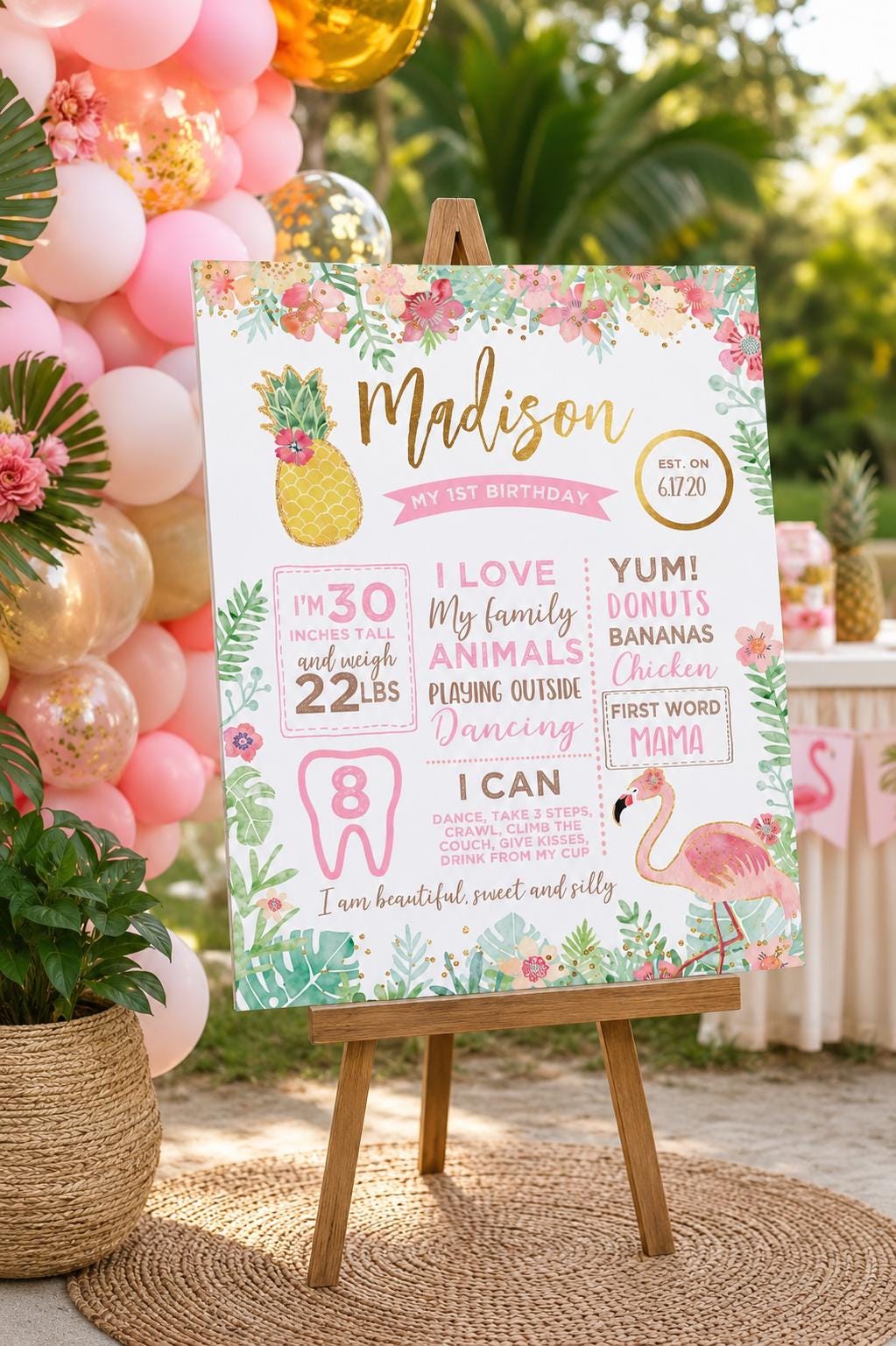 Flamingo 1st Birthday Milestone Board, Editable Tropical Sign (Instant Download)