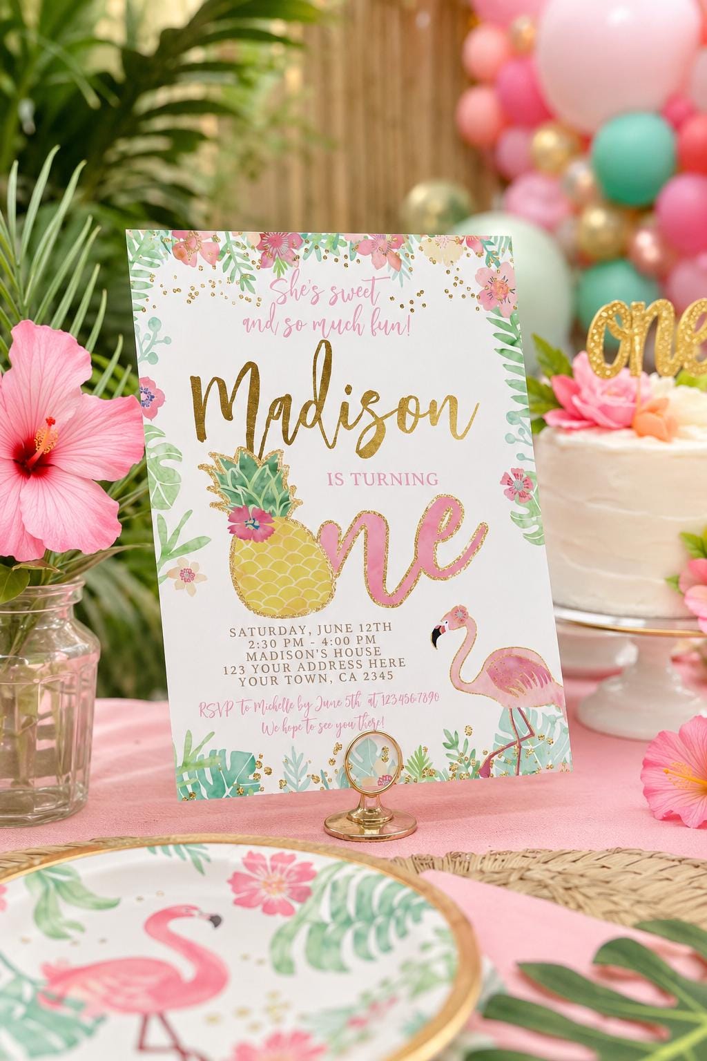 Flamingo Pineapple First Birthday Invitation, Tropical Party (EDITABLE, Instant Download)
