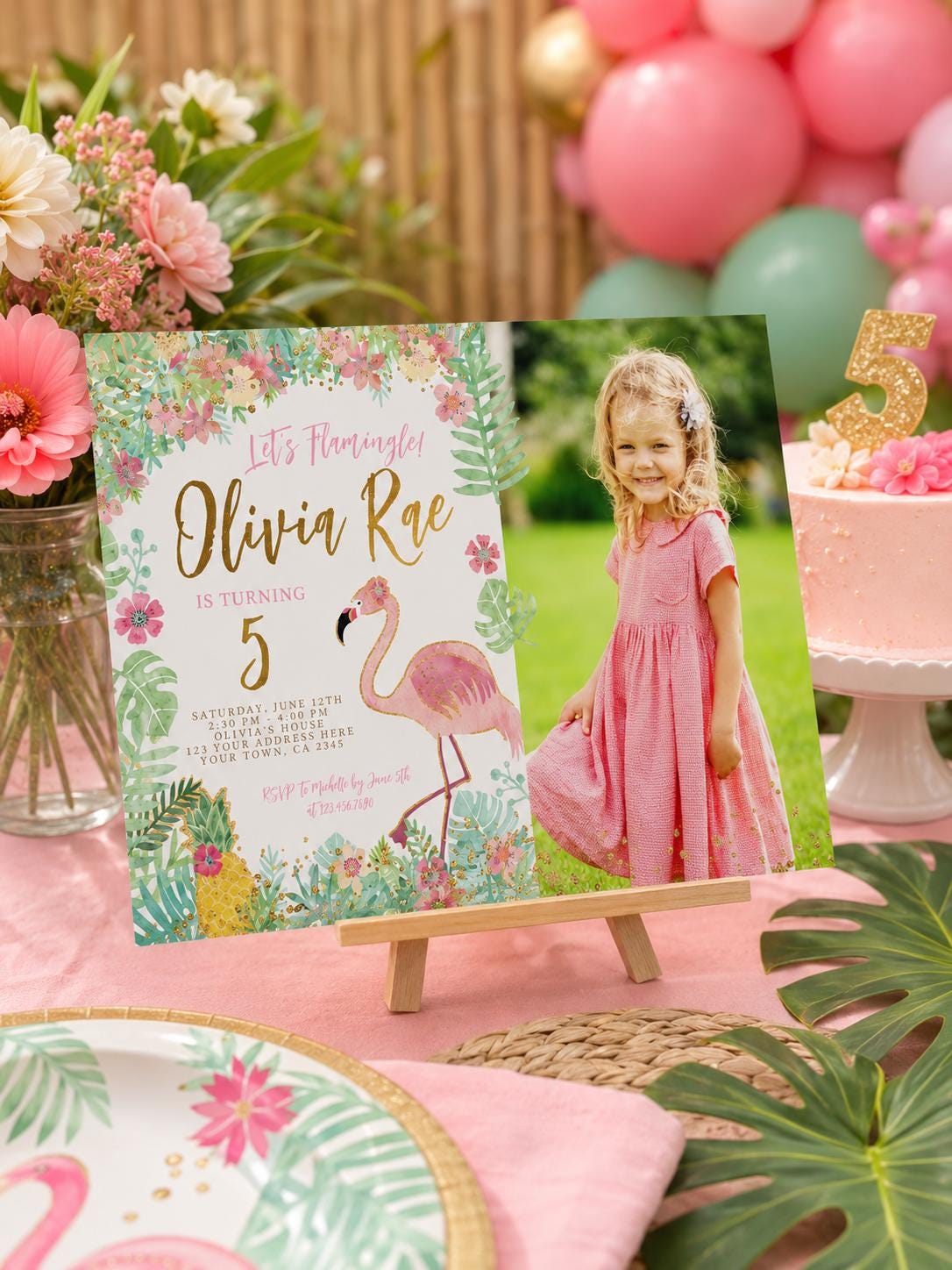 Flamingo Photo Birthday Invitation, Editable Tropical Party (Digital Download)