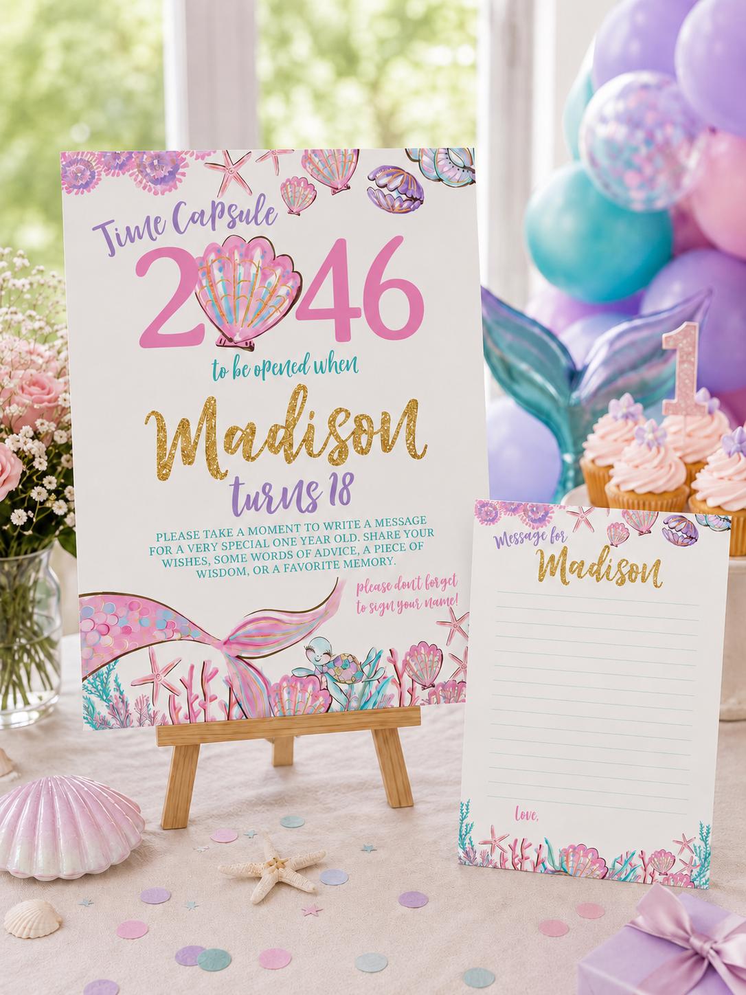 Mermaid 1st Birthday Time Capsule, Editable Sign and Card (Digital Download)