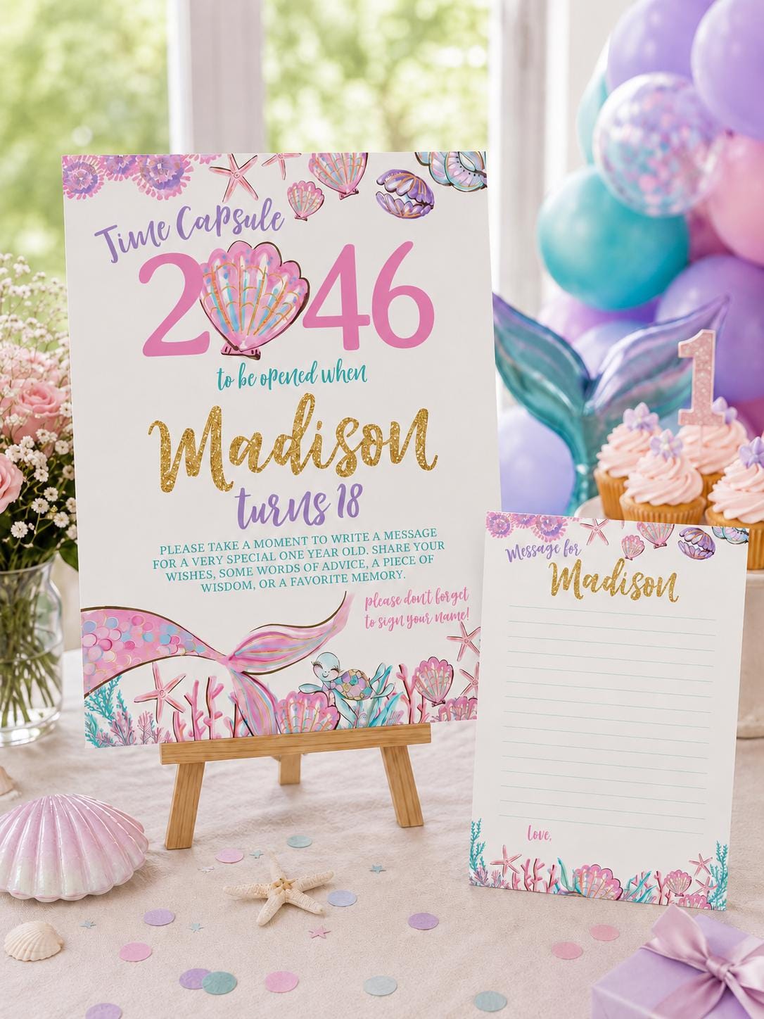 Mermaid 1st Birthday Time Capsule, Editable Sign and Card (Digital Download)