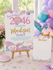 Mermaid 1st Birthday Time Capsule, Editable Sign and Card (Digital Download)