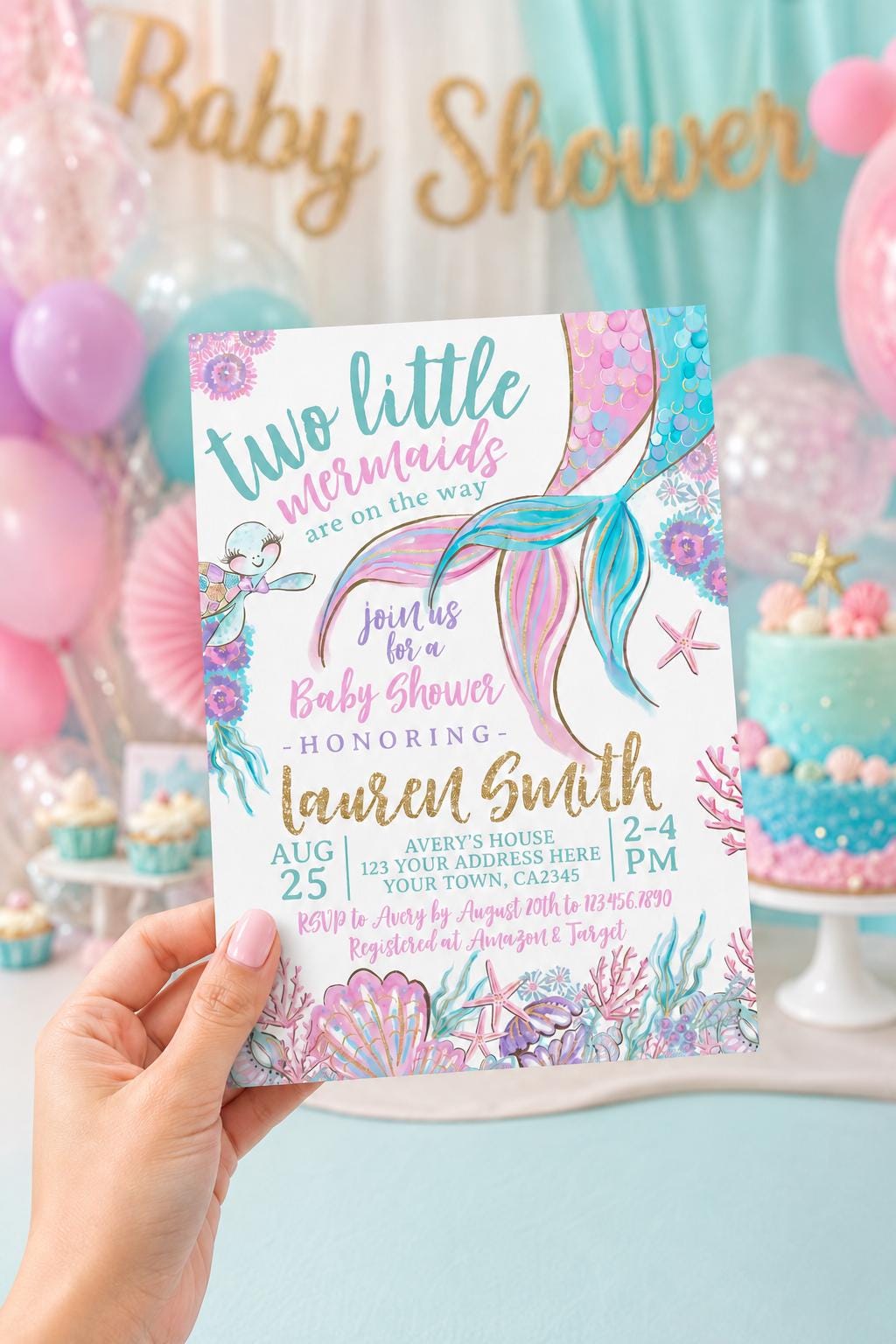 Mermaid Twins Baby Shower Invitation, Editable Template (Digital Download)