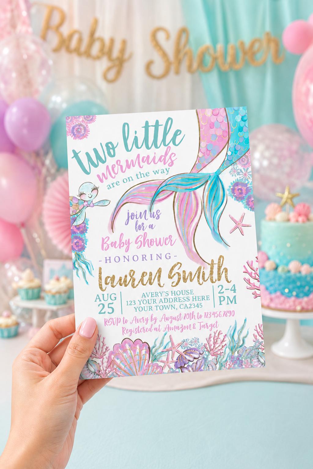 Mermaid Twins Baby Shower Invitation, Editable Template (Digital Download)