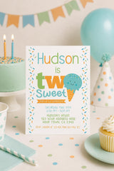 Two Sweet 2nd Birthday Invitation, Ice Cream Party, Editable Template (Digital Instant Download)