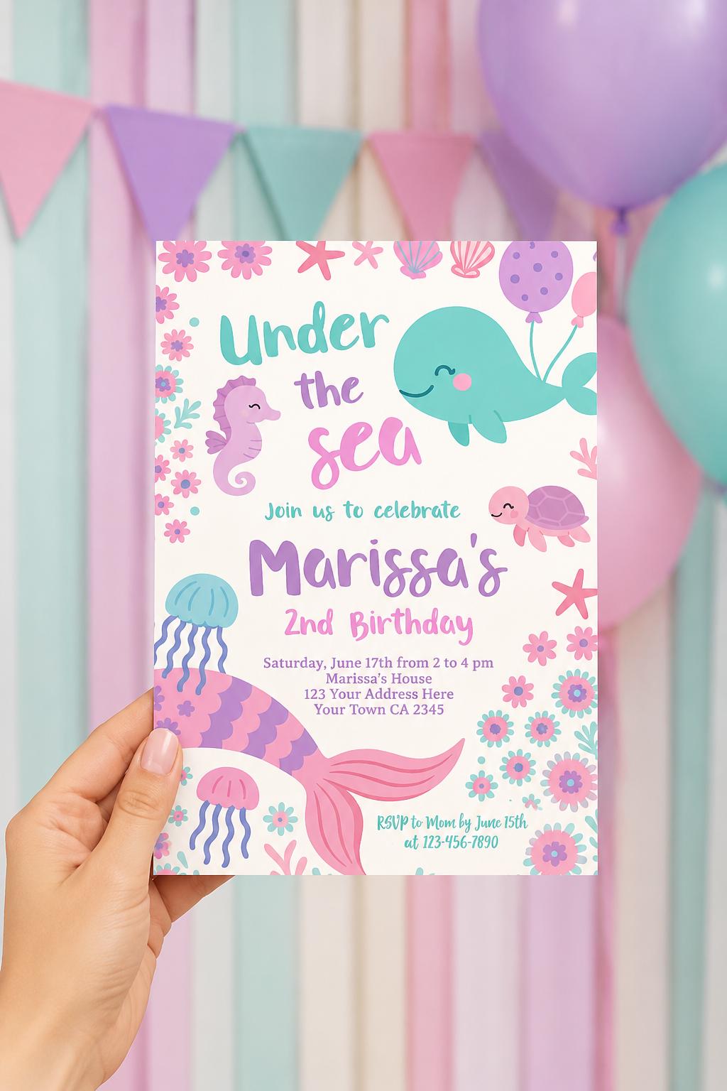 Under The Sea Birthday Invitation, Sea Animals, Editable Template (Instant Download)