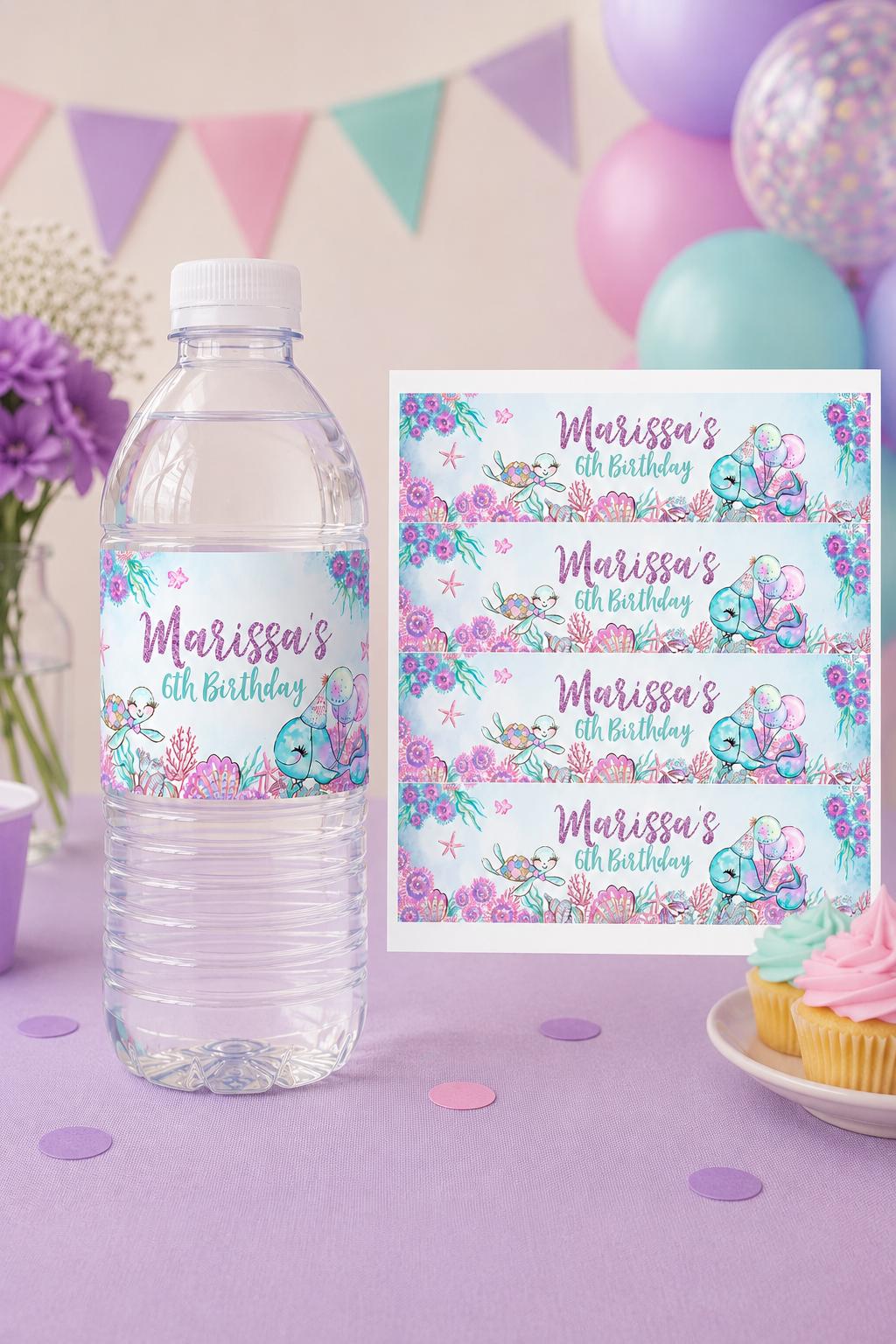 Under The Sea Birthday Water Bottle Label, Editable Template Mermaid Theme (Digital Instant Download)