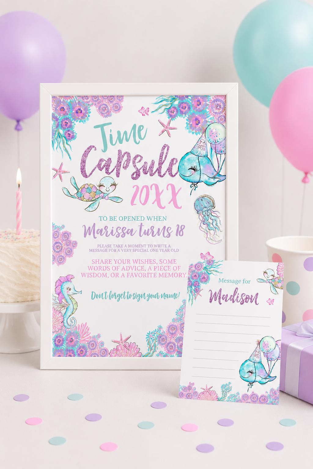 Under The Sea Birthday Time Capsule, Editable Template Sign & Card (Instant Download)