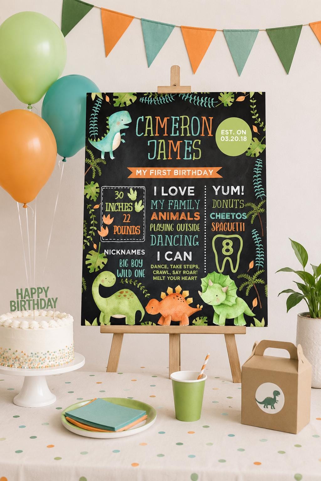 Dinosaur First Birthday Milestones Board, Editable Template (Digital Instant Download)