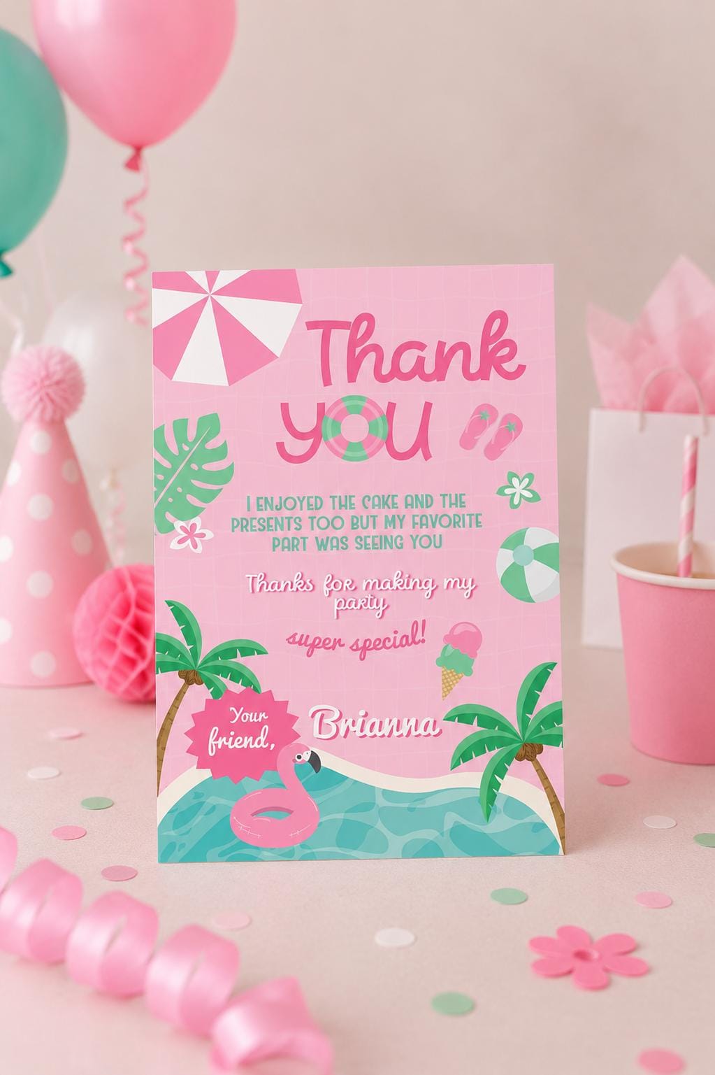 Pink Pool Party Thank You Card, Editable Template (Digital Download)