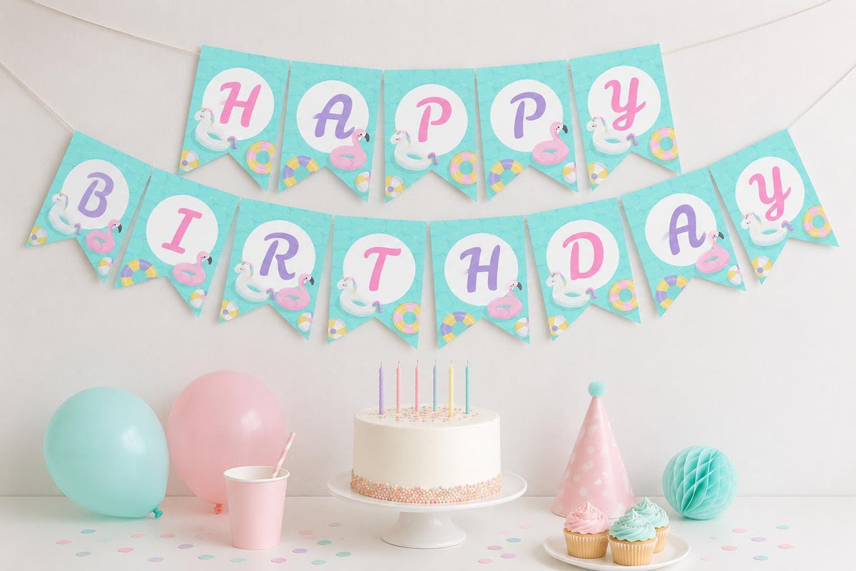 Pool Birthday Party Banner, Editable Flamingo Unicorn Theme (Digital Item)
