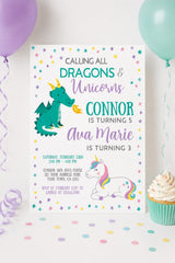 Unicorn and Dragon Birthday Invitation Editable Template, Joint Party, INSTANT DOWNLOAD