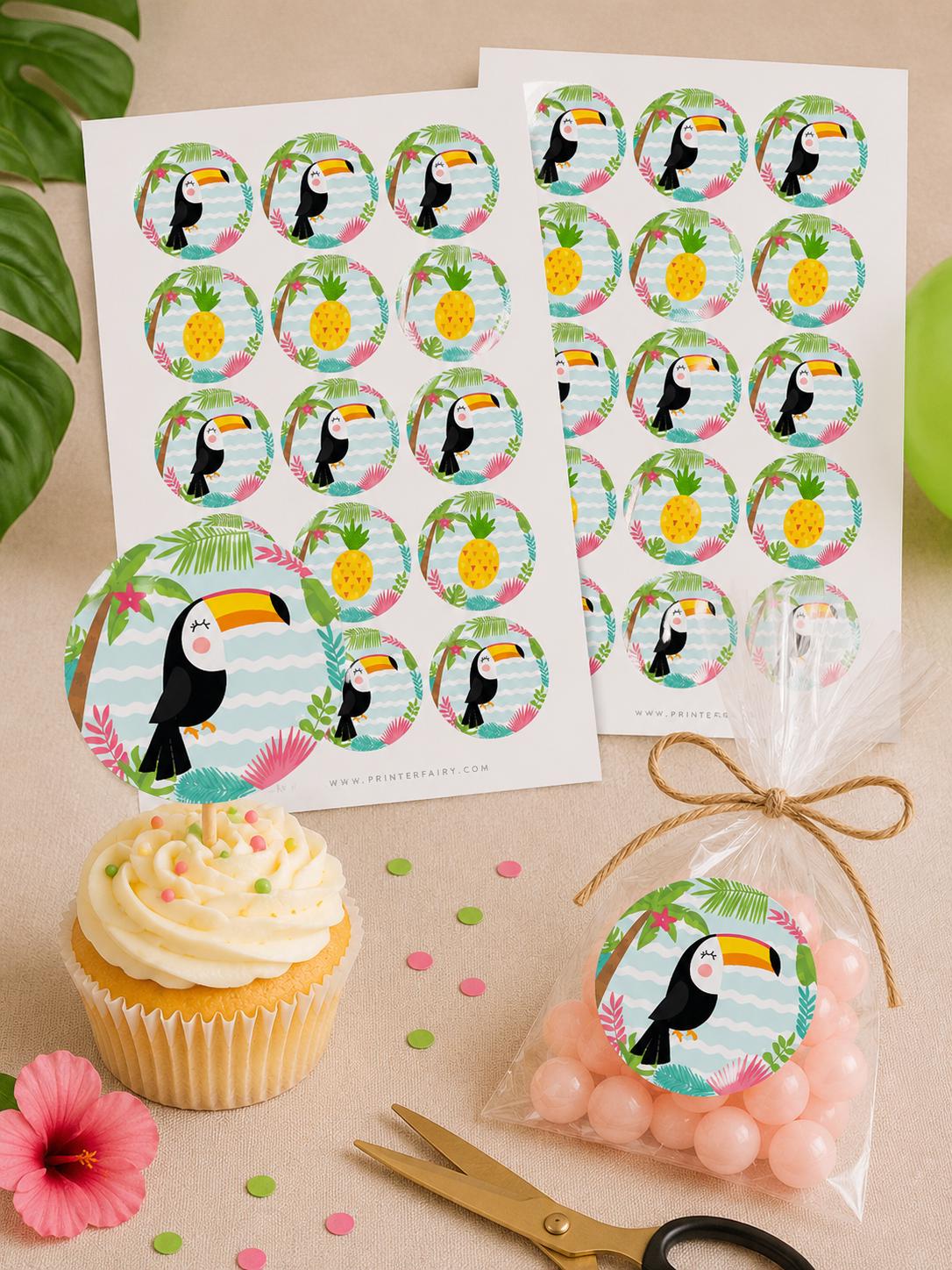 Luau Cupcake Toppers, Hawaiian Birthday Party Stickers (Digital Download)