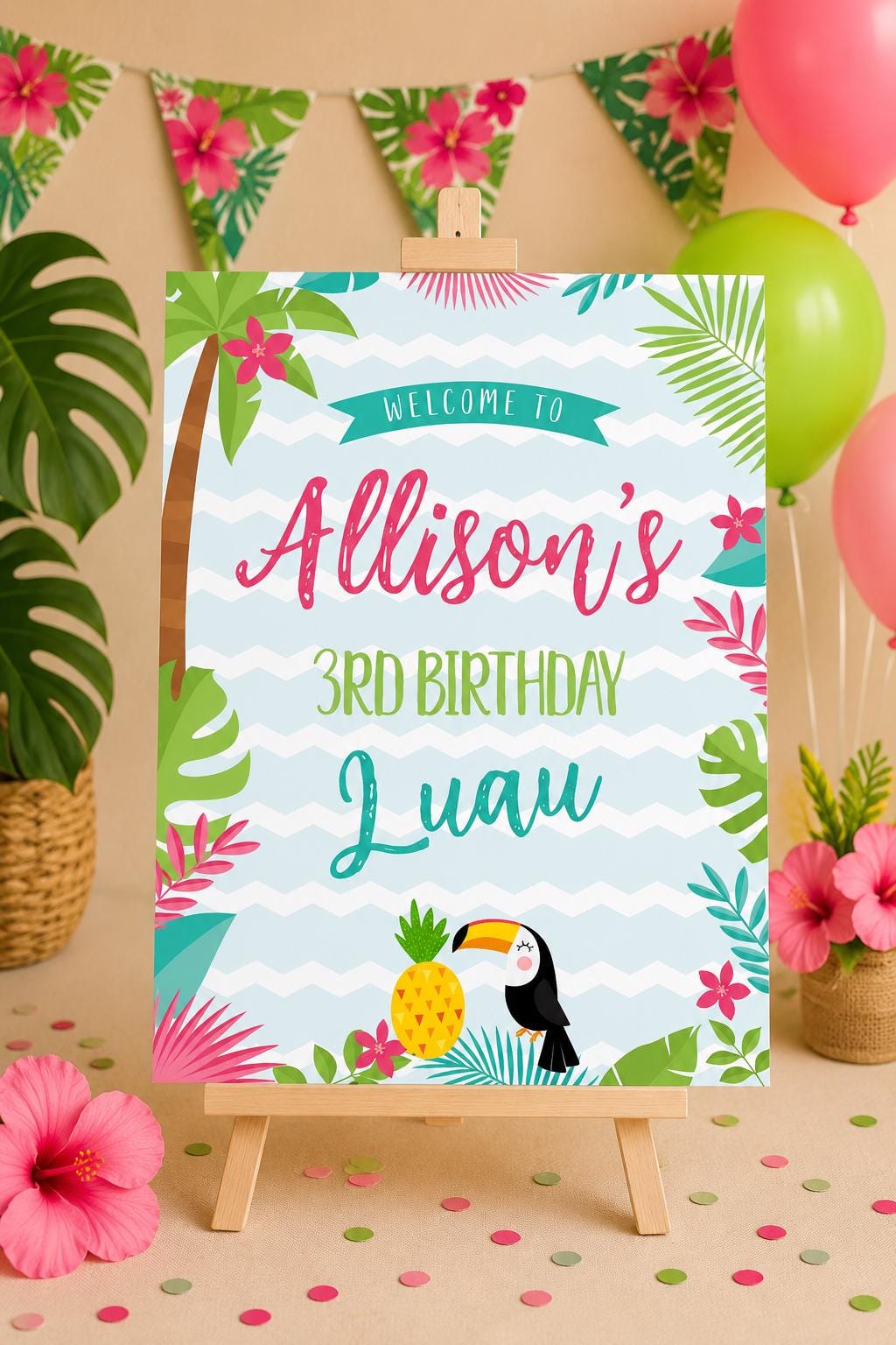 Editable Luau Welcome Sign, Tropical Birthday Party (Instant Download)