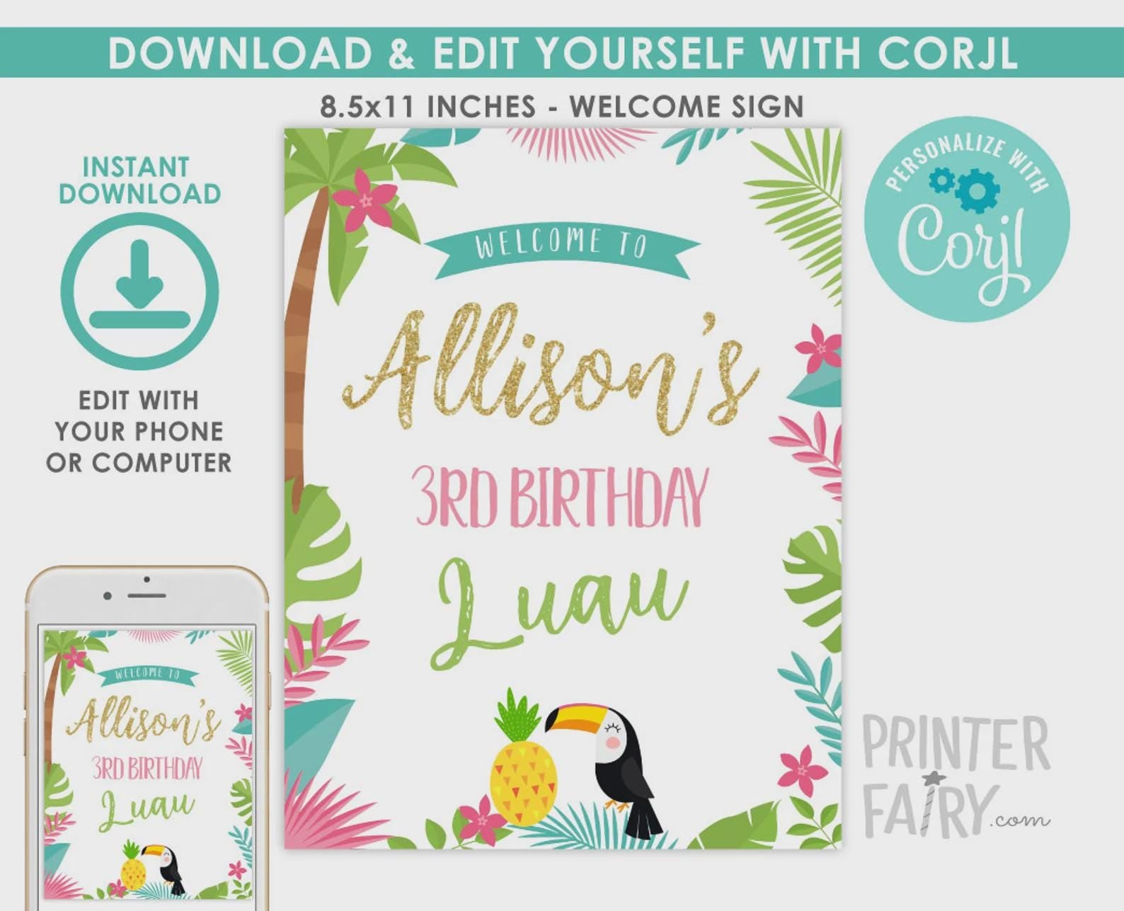 Luau Birthday Party Bundle: Editable Invitation, Signs, Toppers (Instant Download)