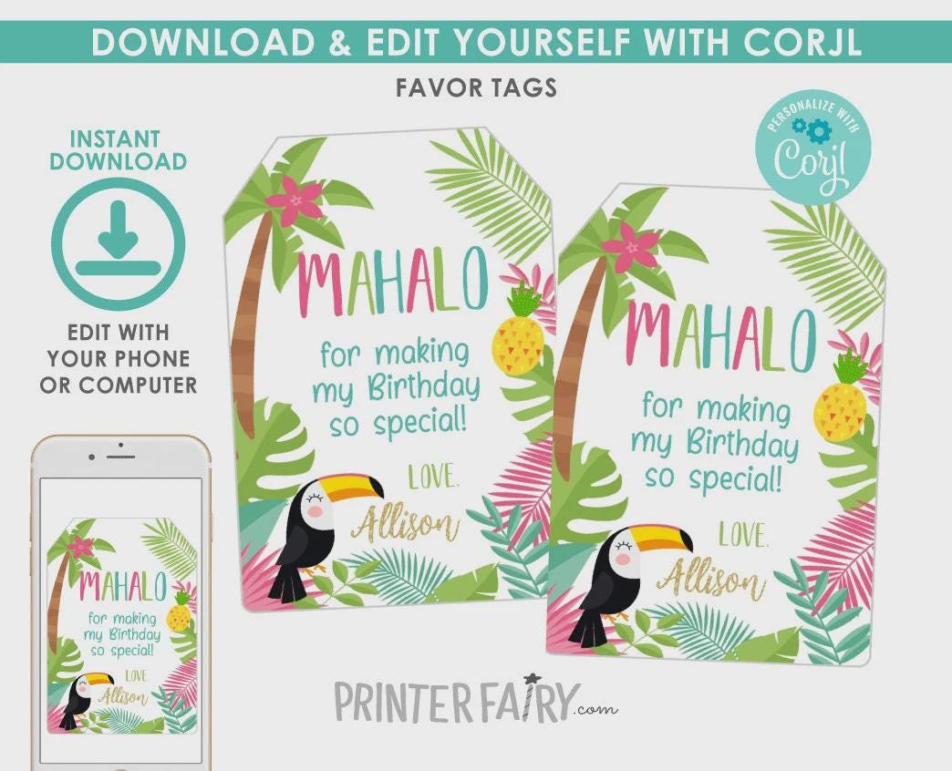 Luau Birthday Party Bundle: Editable Invitation, Signs, Toppers (Instant Download)