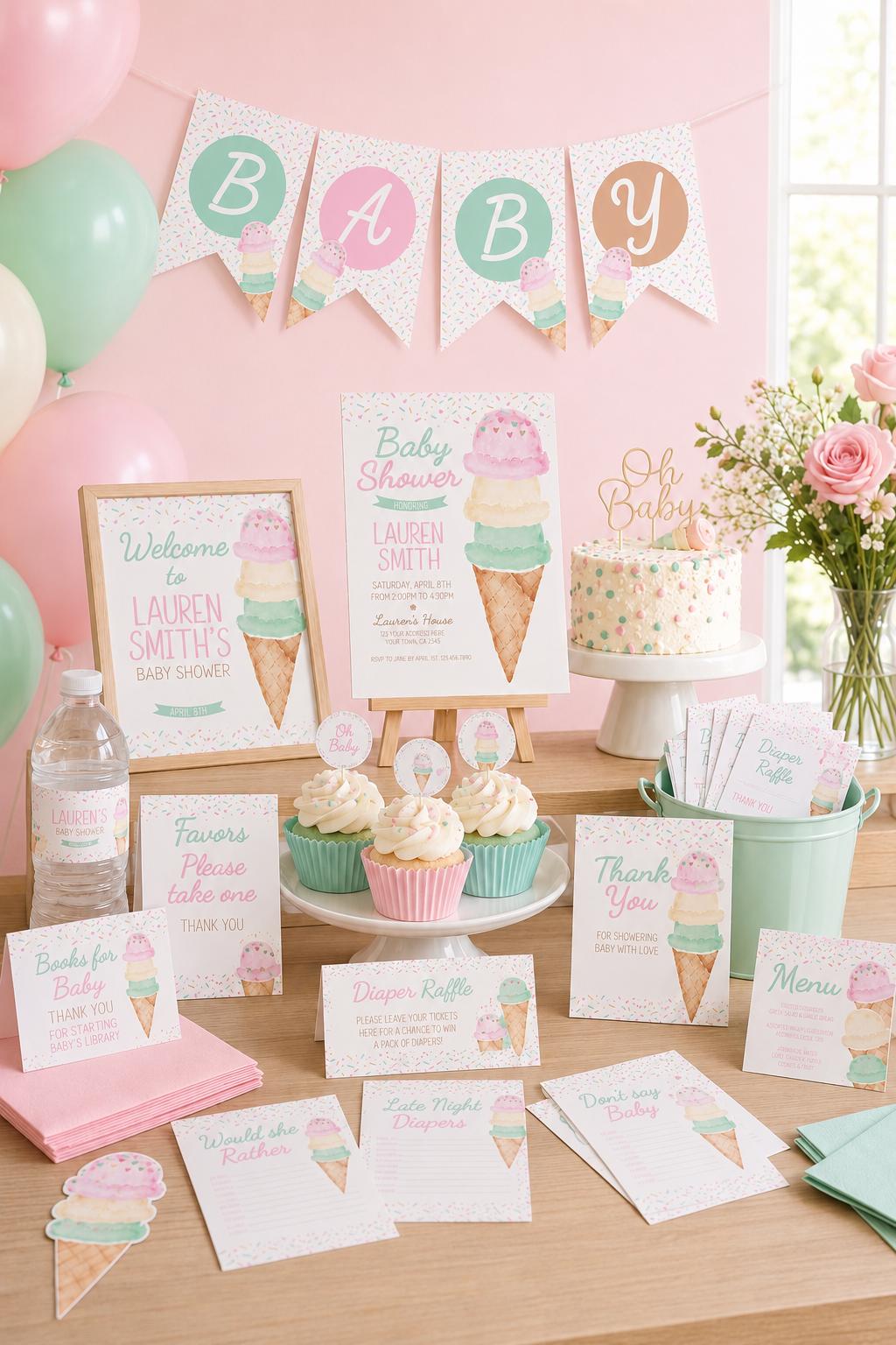 Ice Cream Baby Shower Bundle, Girl Sprinkle Party (Digital Download)