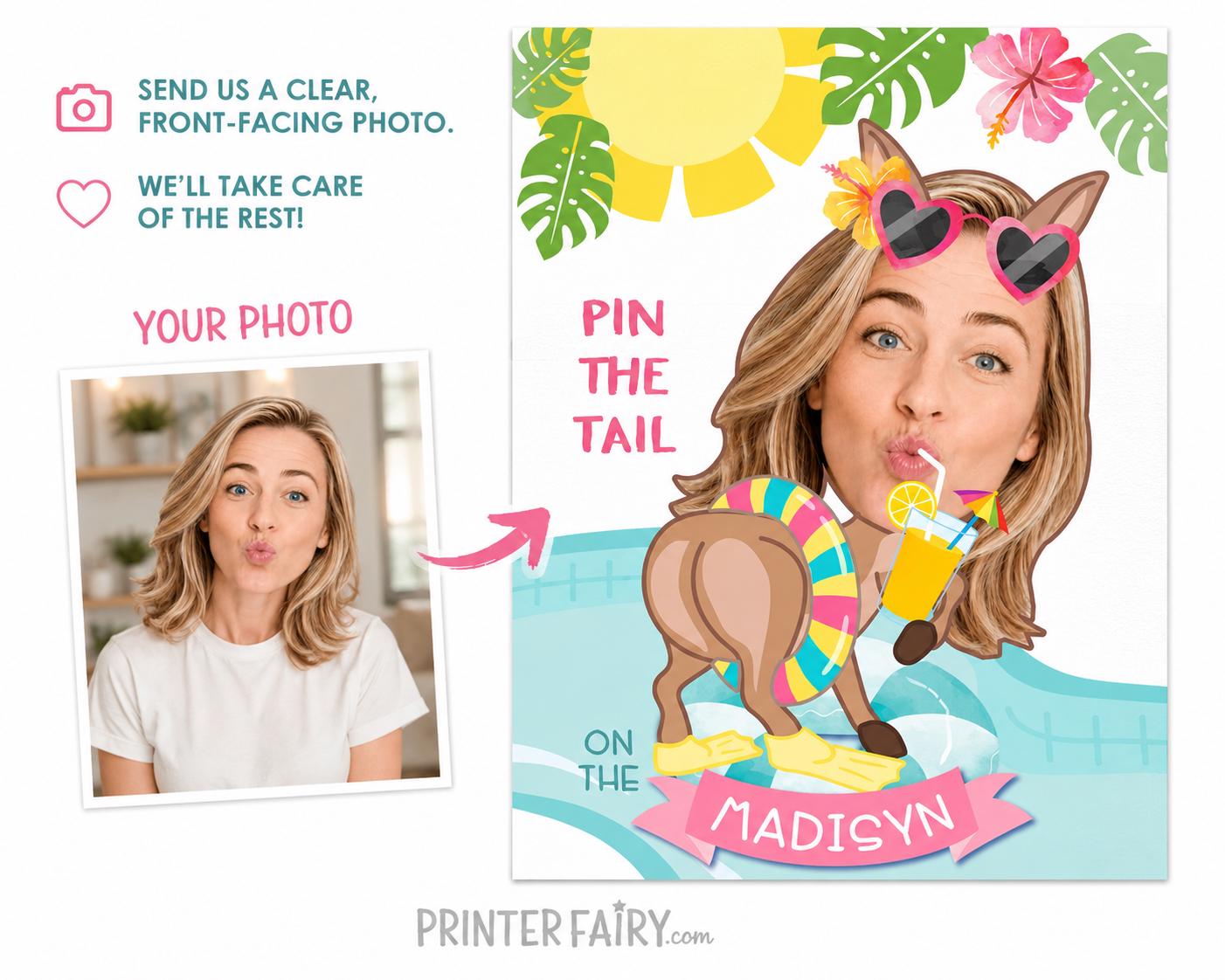 Personalized Pin the Tail Game – Custom Photo Pool Party Poster (Digital Download)