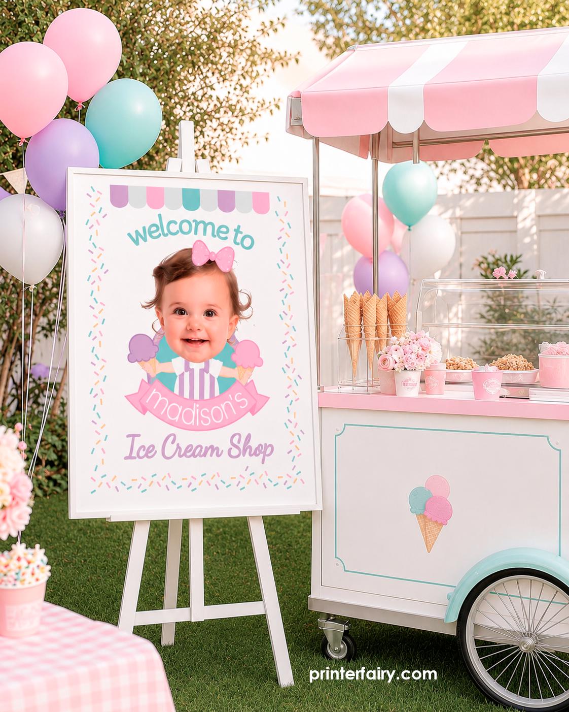 Ice Cream Party Welcome Sign Template with Photo, Summer Party Decor (Editable Instant Download)